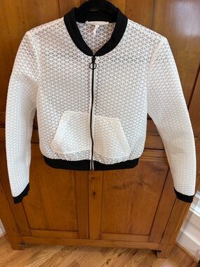 BCBGeneration White w/Black Trim Cropped Bomber Jacket, XXS